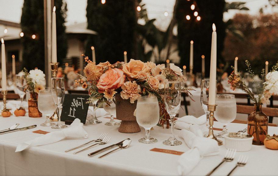 Beautifully set table at a San Diego Wedding just before the catered food is served.